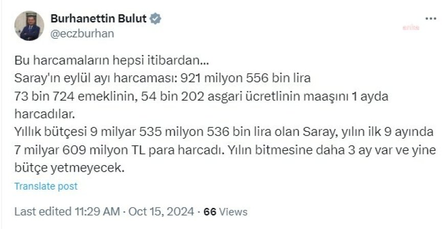 Burhanettin Bulut, Cumhurbaşkanlığı’nın harcamalarını paylaştı: “Bu harcamaların hepsi itibardan... 40 bin 316 emeklinin maaşını bir ayda harcadılar"