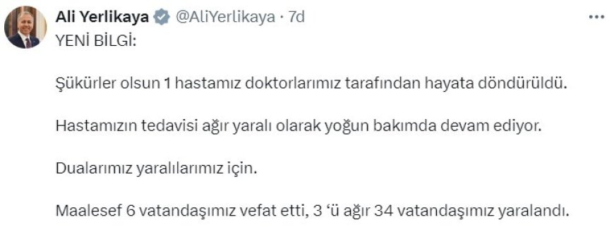 Bakan Yerlikaya: "(Aksaray'daki otobüs kazası) 1 hastamız doktorlarımız tarafından hayata döndürüldü"