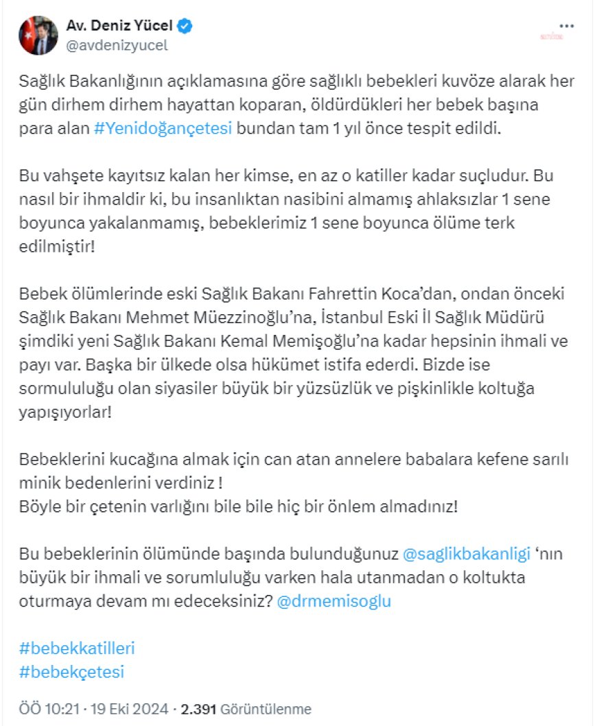 Deniz Yücel'den Bakan Memişoğlu'na "yenidoğan çetesi" tepkisi: "Hala utanmadan o koltukta oturmaya devam mı edeceksiniz"