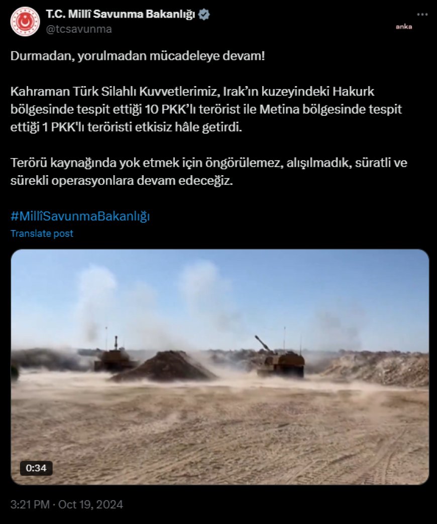 MSB: Irak'ın kuzeyinde toplam 11 PKK'lı terörist etkisiz hale getirildi