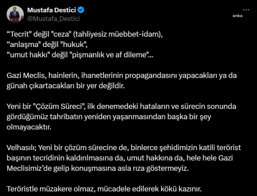 BBP Genel Başkanı Destici'den Bahçeli'ye Öcalan tepkisi: Asla rıza göstermeyiz