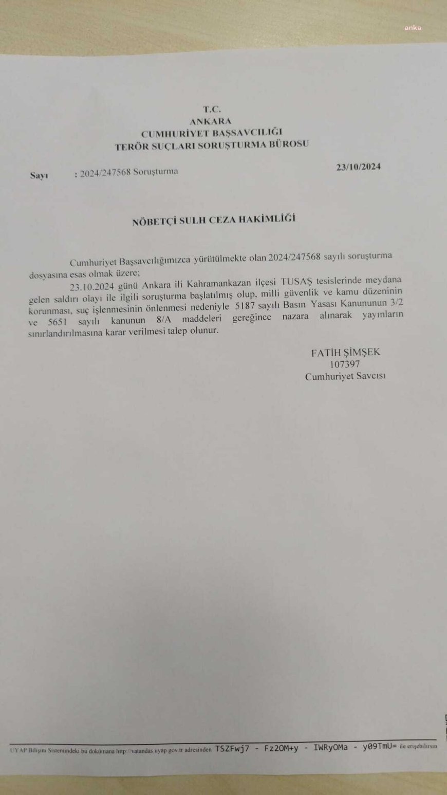 RTÜK Başkanı Şahin: TUSAŞ’ın Kahramankazan tesislerine yönelik terör saldırısı sonrasında ilgili mahkeme tarafından yayın yasağı kararı alınmıştır