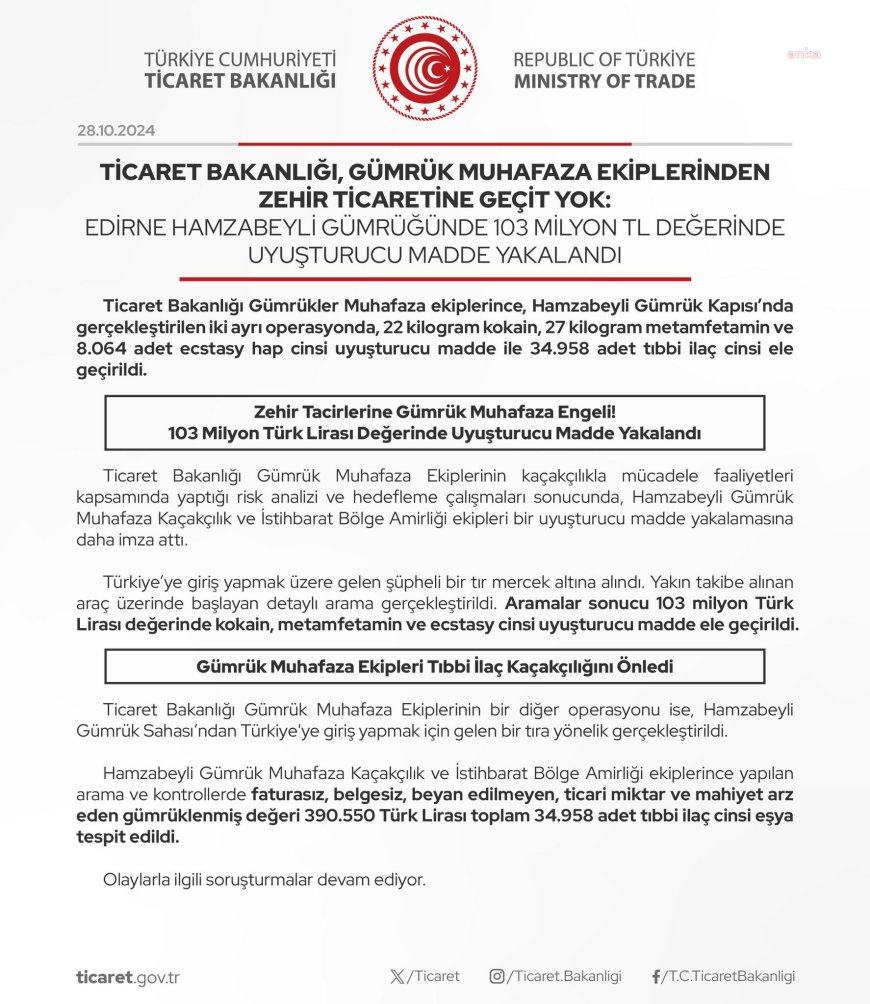 Ticaret Bakanlığı: Hamzabeyli Gümrük Kapısı'nda 103 milyon lira değerinde uyuşturucu madde ele geçirildi