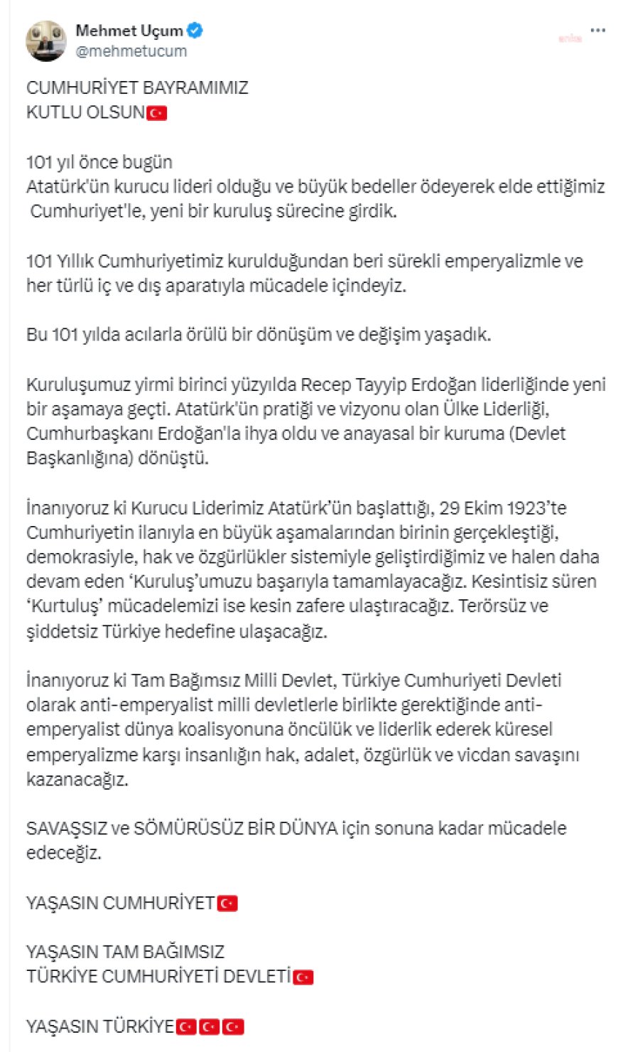 Cumhurbaşkanı Başdanışmanı Uçum'dan 29 Ekim mesajı: "Atatürk'ün pratiği ve vizyonu olan ülke liderliği, Cumhurbaşkanı Erdoğan ile ihya oldu"
