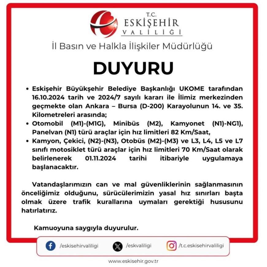 Eskişehir'den geçen Ankara-Bursa karayolundaki hız limiti düşürüldü