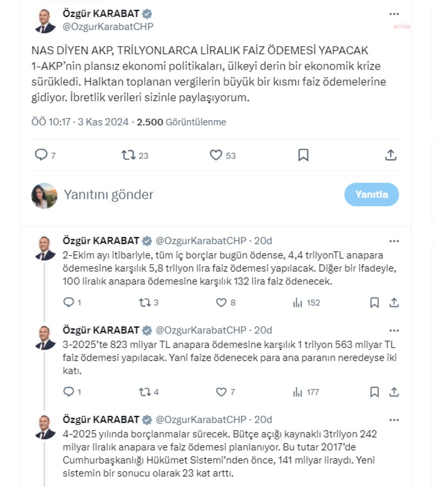 Özgür Karabat, "2025'te 823 milyar TL anapara ödemesine karşılık 1 trilyon 563 milyar TL faiz ödemesi yapılacak. Yani ana paranın neredeyse iki katı"