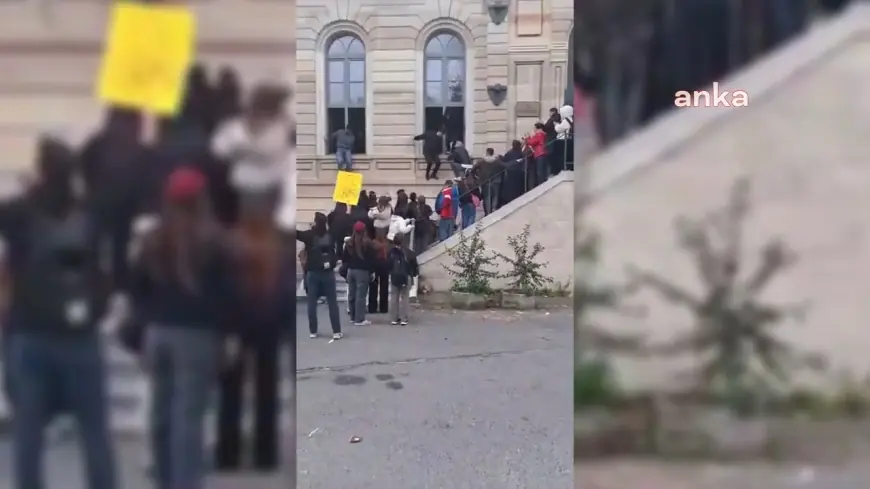 İTÜ'de öğrenciler dersleri boykot ediyor... Boykota katılımın önüne geçmek isteyen güvenlik görevlileri fakülte kapısını kilitledi, öğrenciler camdan çıktı