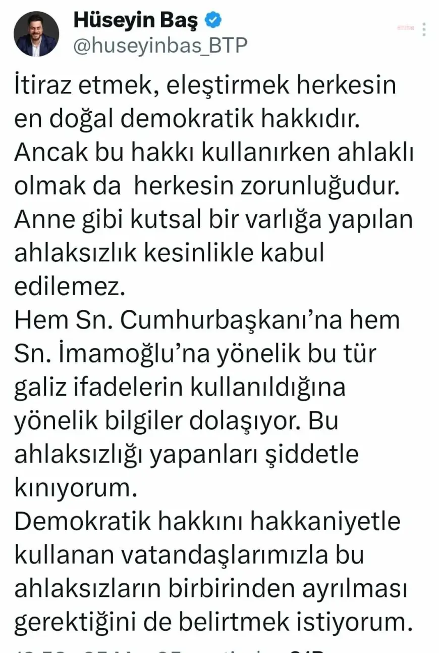 Hüseyin Baş'tan Tenzile Erdoğan ve Dilek İmamoğlu'nu hedef alan yorumlara tepki... "Bu ahlaksızlığı yapanları şiddetle kınıyorum"