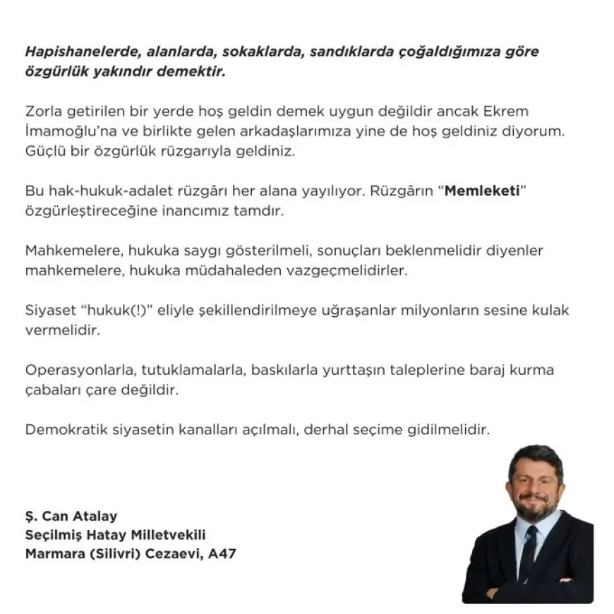 Can Atalay: "Demokratik siyasetin kanalları açılmalı, derhal seçime gidilmelidir"