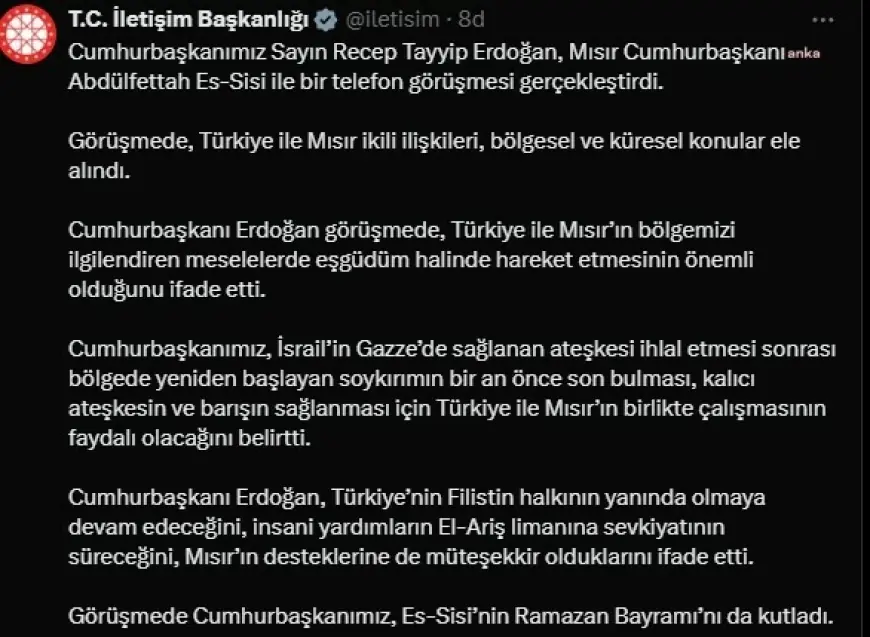 Cumhurbaşkanı Erdoğan, Mısır Cumhurbaşkanı Sisi ile görüştü