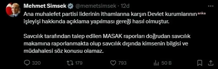 Bakan Şimşek'ten Özel'e MASAK yanıtı: "MASAK raporlarına, savcılık dışında kimsenin bilgisi ve müdahalesi söz konusu olamaz"