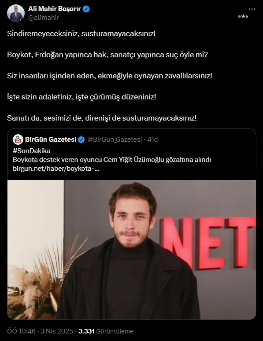 CHP'li Başarır'dan oyuncu Üzümoğlu'nun gözaltına alınmasına tepki: "Sindiremeyeceksiniz, susturamayacaksınız"