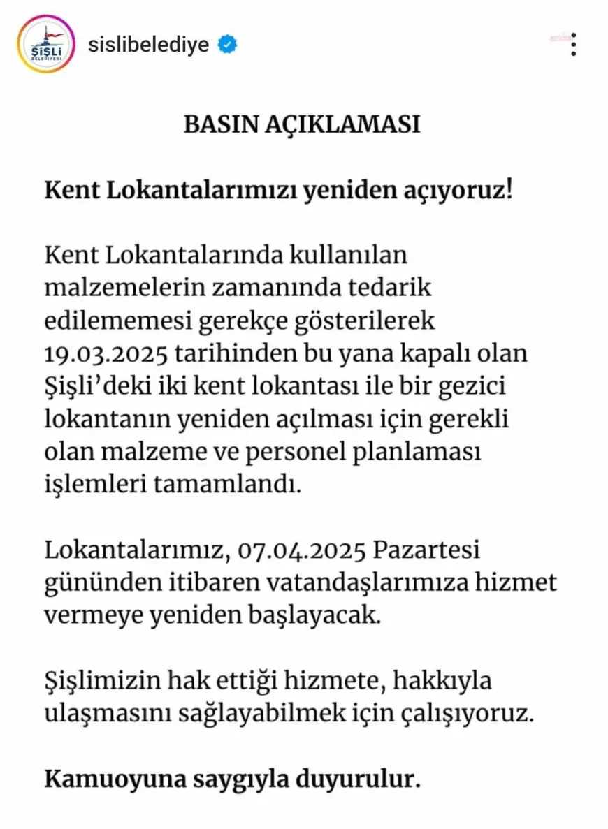 Şişli Belediyesi kayyumu: Kapatılan kent lokantaları 7 Nisan’dan itibaren yurttaşın hizmetinde olacak