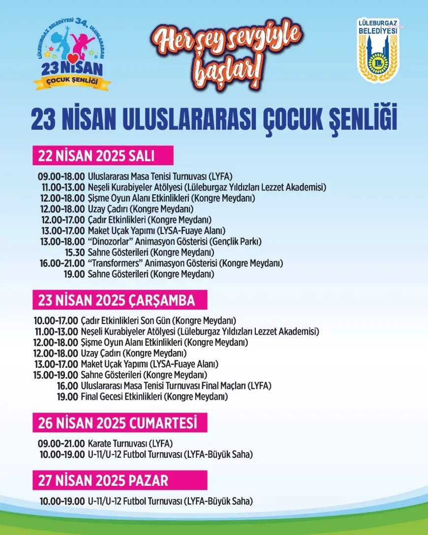 Lüleburgaz Belediyesi’nin Uluslararası 23 Nisan Çocuk Şenliği programı açıklandı