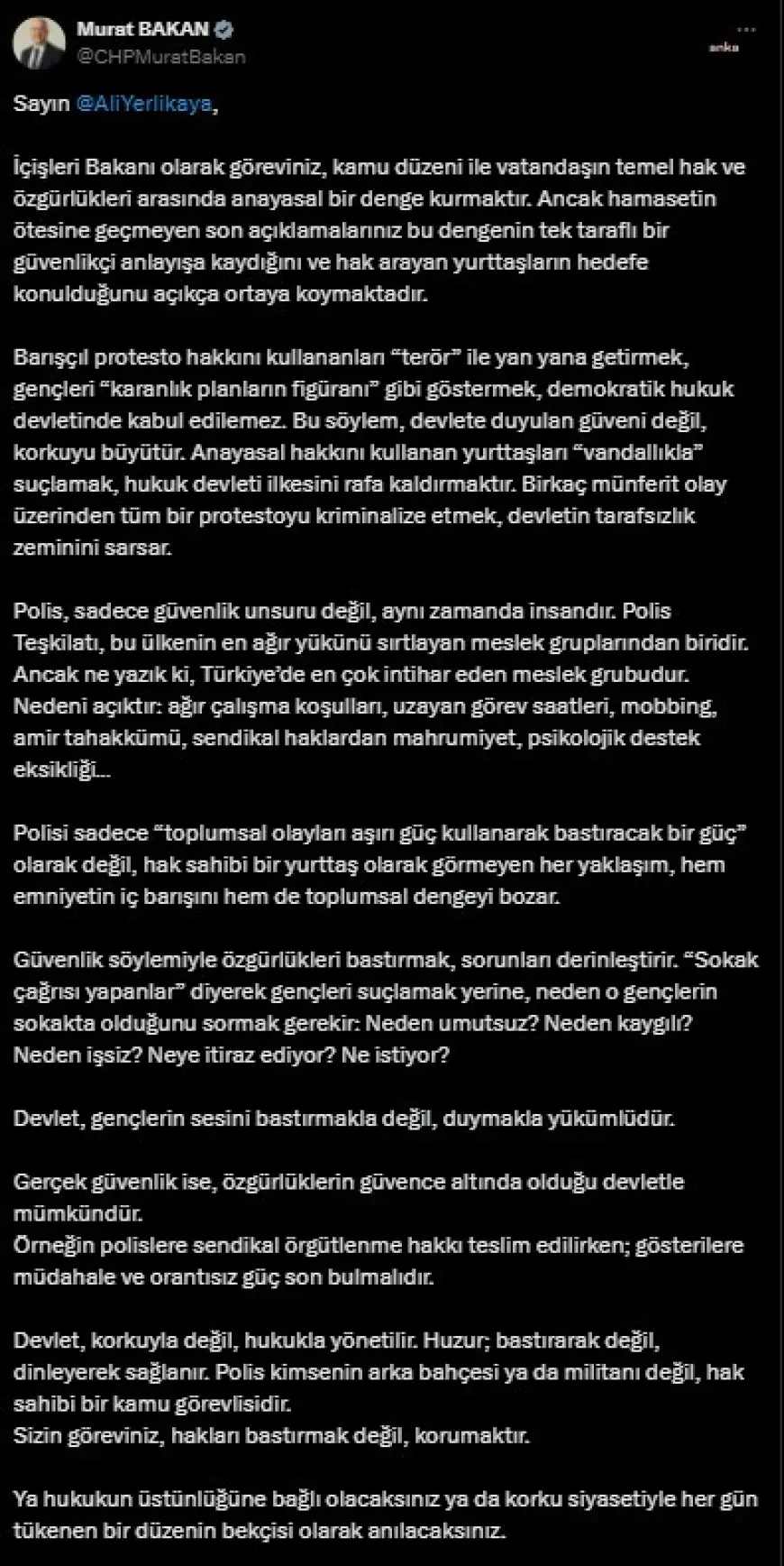 CHP’li Murat Bakan’dan Bakan Yerlikaya’ya: "Göreviniz, kamu düzeni ile vatandaşın temel hak ve özgürlükleri arasında anayasal bir denge kurmaktır"