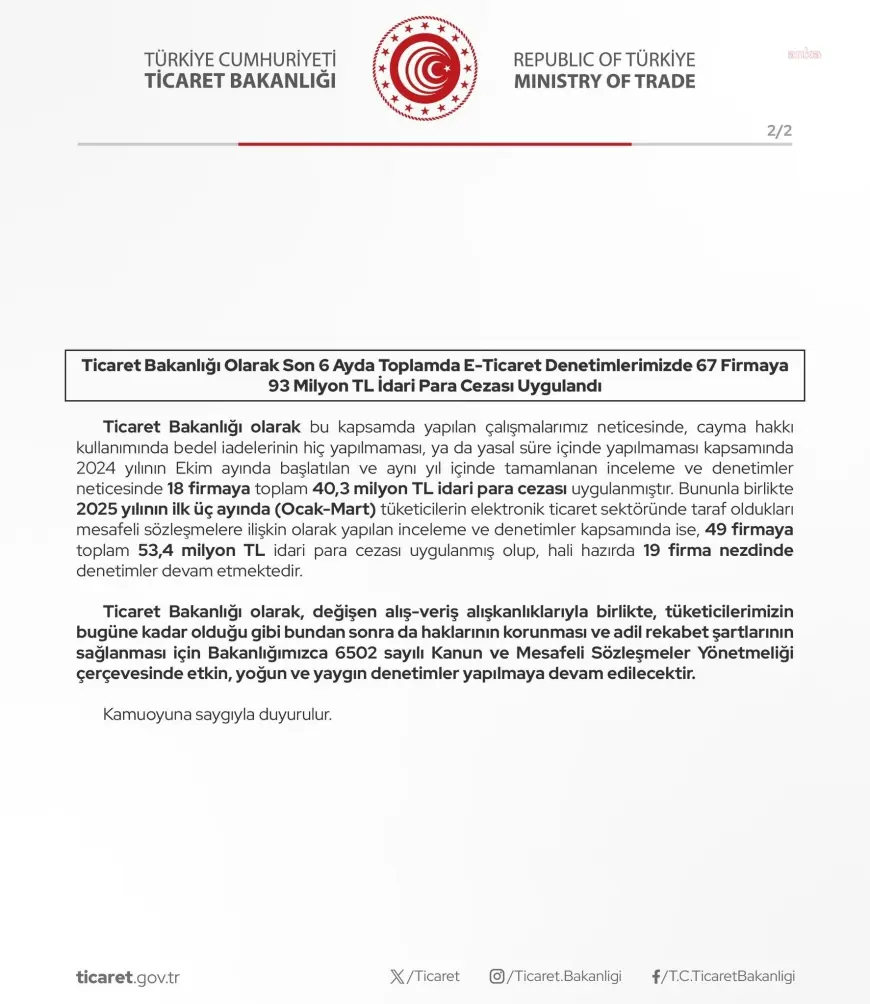 Ticaret Bakanlığı: Son 6 ayda e-ticaret denetimlerinde 93 milyon TL idari para cezası uygulandı