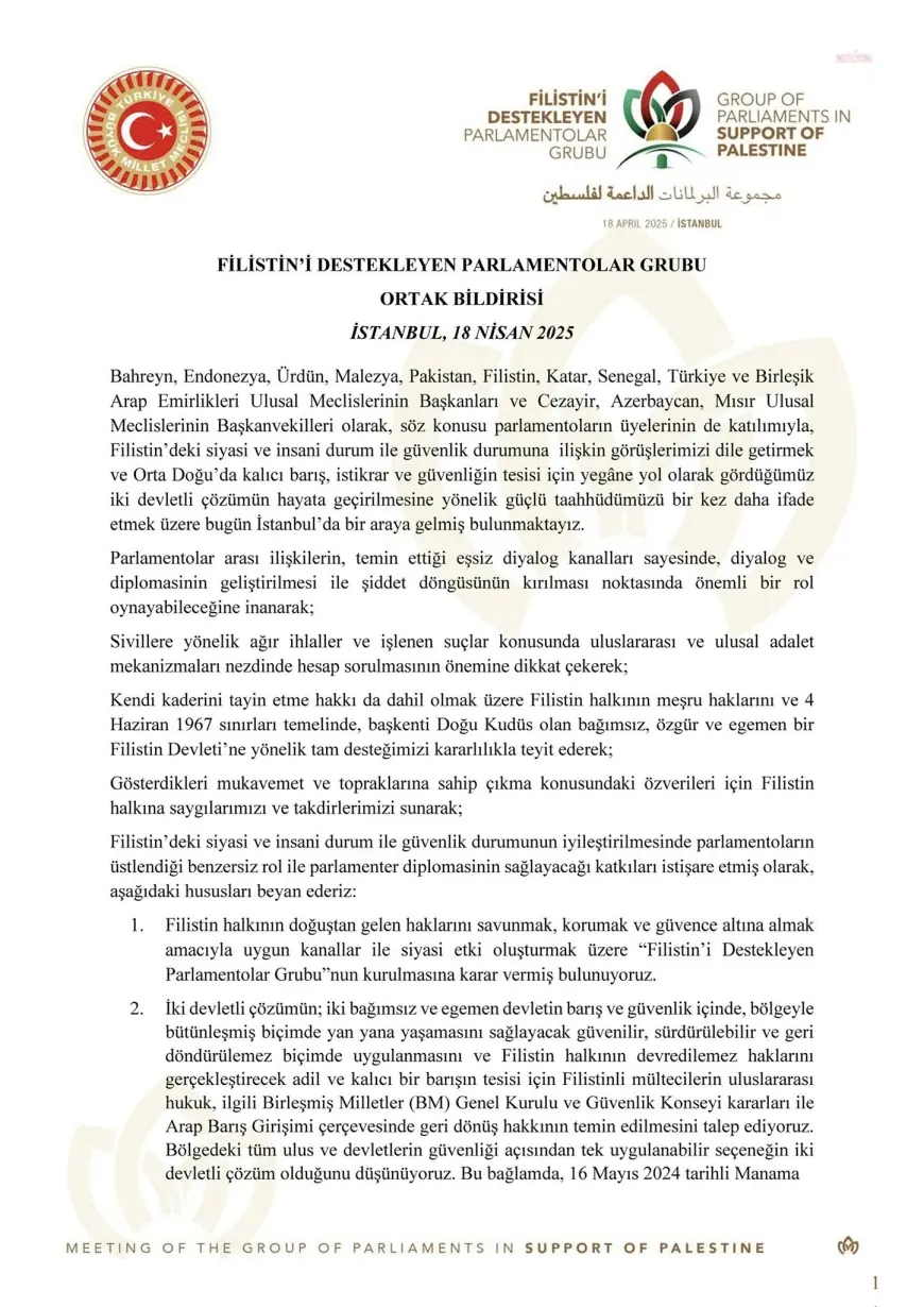 Filistin'i Destekleyen Parlamentolar Grubu Toplantısı'nın ardından ortak deklarasyon imzalandı