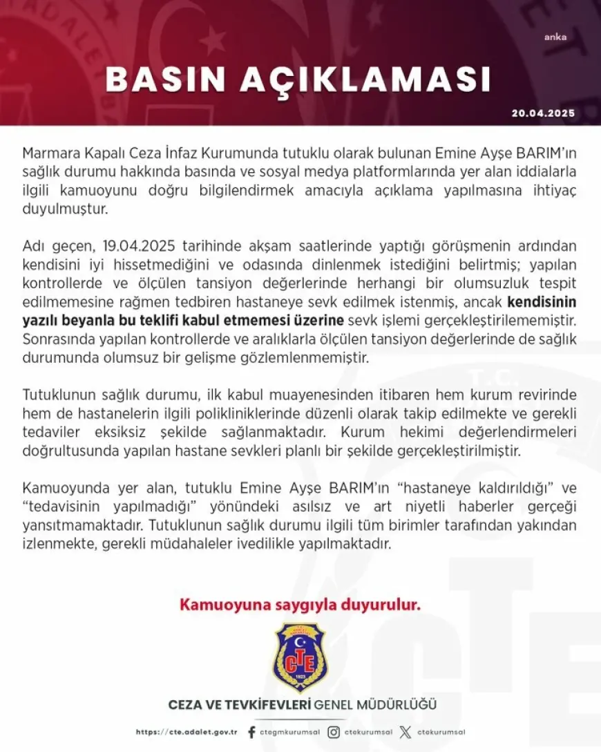 Ceza ve Tevkifevleri Genel Müdürlüğü: Ayşe Barım'ın ‘hastaneye kaldırıldığı’ ve ‘tedavisinin yapılmadığı’ yönündeki asılsız ve art niyetli haberler gerçeği yansıtmamaktadır