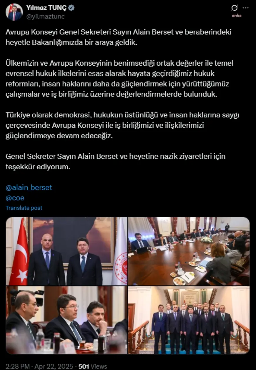 Adalet Bakanı Tunç, Avrupa Konseyi Genel Sekreteri Berset ile bir araya geldi