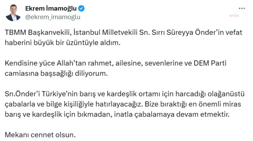Sırrı Süreyya Önder hayatını kaybetti... Ekrem İmamoğlu: "Türkiye’nin barış ve kardeşlik ortamı için harcadığı olağanüstü çabalarla ve bilge kişiliğiyle hatırlayacağız"