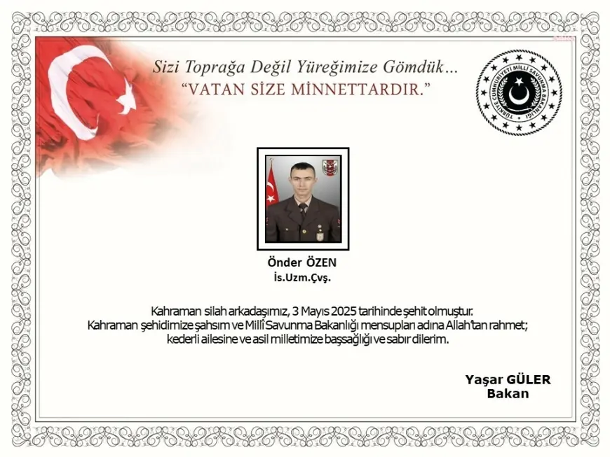 MSB: Irak’ın Kuzeyinde Pençe Operasyonu bölgesinde yaralanan Uzman Çavuş Önder Özen şehit oldu