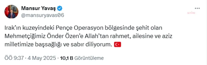 Mansur Yavaş'tan Şehit Uzman Çavuş Önder Özen için başsağlığı mesajı