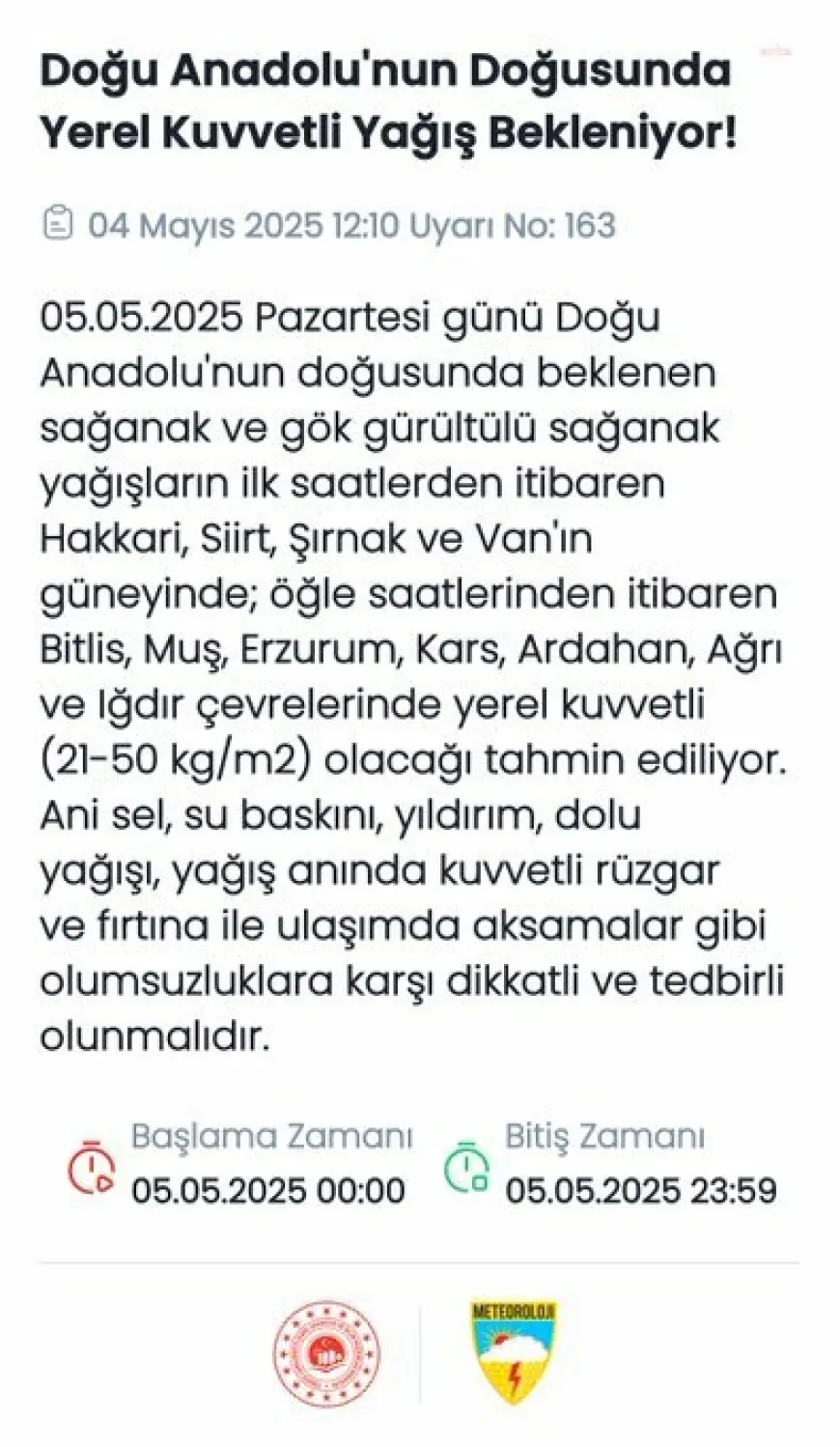 Meteorolojiden yurdun doğu kesimlerinde kuvvetli yağış uyarısı