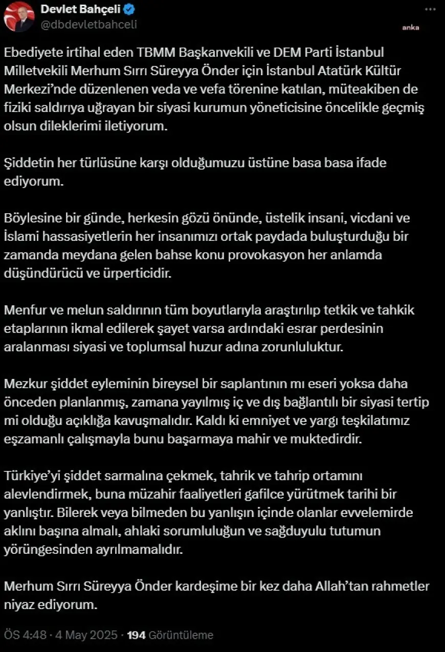 Özgür Özel'e fiziksel saldırı... Bahçeli: "Türkiye’yi şiddet sarmalına çekmek tarihi bir yanlıştır"