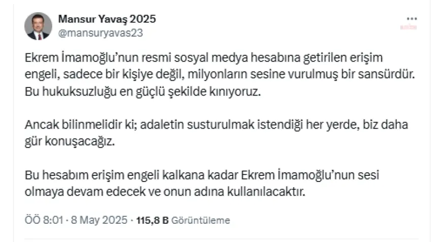 İmamoğlu’nun X hesabına erişim engeli... Mansur Yavaş: “Bu hesabım erişim engeli kalkana kadar İmamoğlu’nun sesi olmaya devam edecek ve onun adına kullanılacaktır”